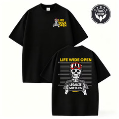 Life Wide Open Skeleton Biker Double Sided Graphic T-Shirt Tee