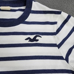 Hollister Shirt Mens XL White Navy Striped Logo Graphic Tee Crew Neck Casual Top