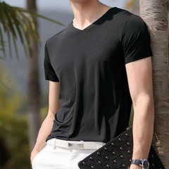 Japan Short Sleeve Mens Ice Silk Trackless T-shirt V-neck Slim Short-Sleeve Top