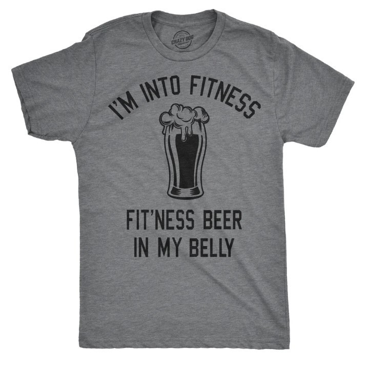 Crazy Dog Men’s Graphic T-Shirt “I’m Into Fitness” Beer Joke Gray Size XL