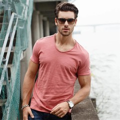 Brand Quality 100% Cotton Men T-shirt V-neck Fashion Design Slim Fit Soild Male