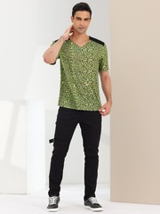 Men’s V Neck Animal Print Short Sleeves T-Shirt Tops Green Black S