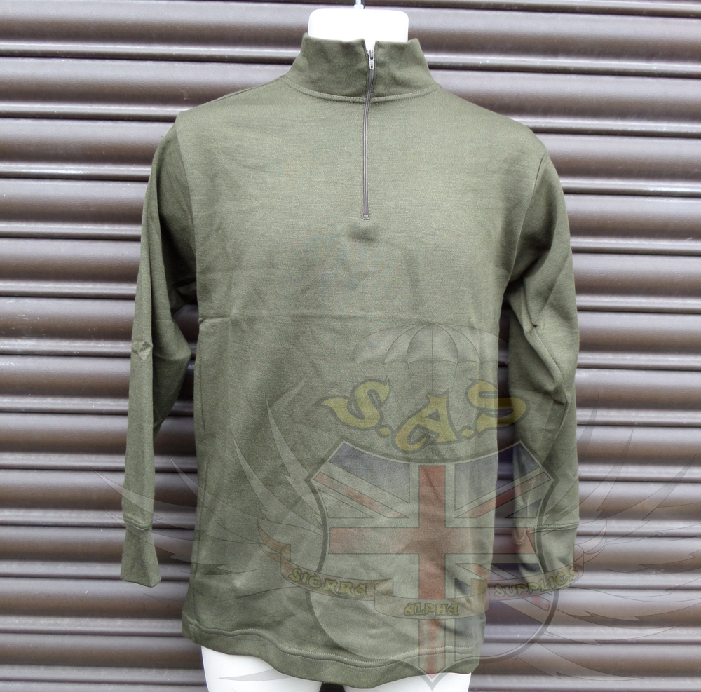 Italian Army Surplus T-Shirt Long Sleeve, Green Zip Neck Synthetic, Norgie