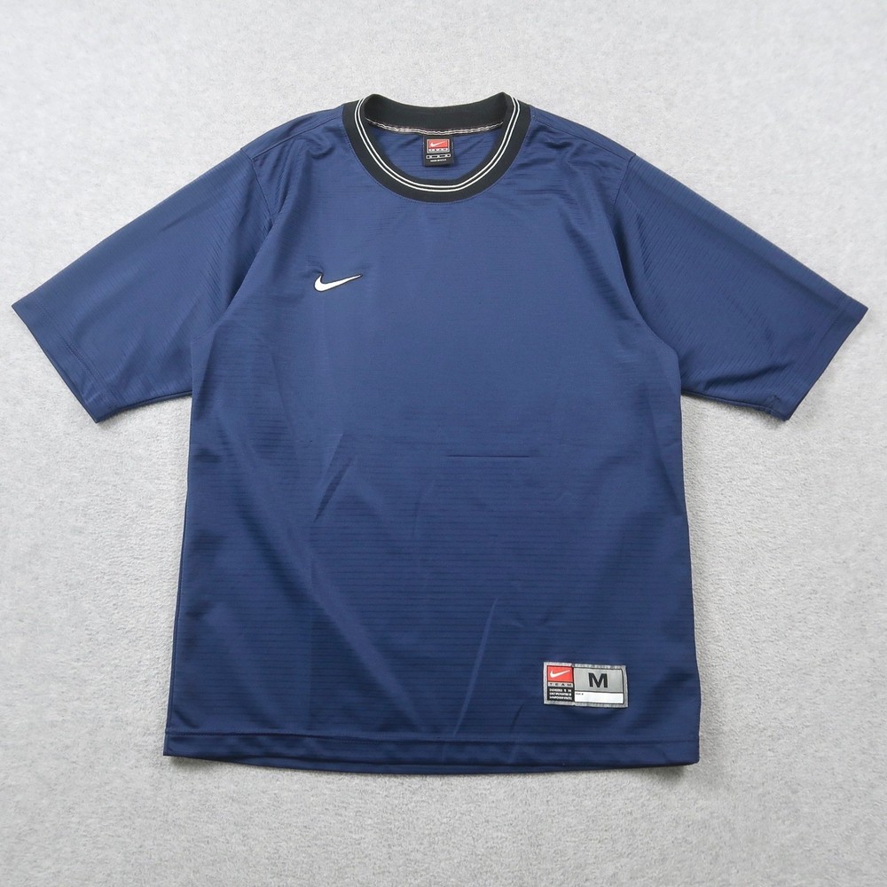 Vintage 90s Nike Team Mens Blue Short Sleeve Soccer Shirt Ribbed Swoosh Size M