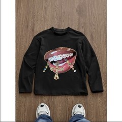 Graphic Thermal Shirt Lips Rhinestone Grills Long Sleeve White/Black Multi Size