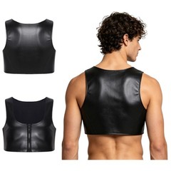 Mens PU Leather Crop Tank Low Square Neck Front Zipper Matte Faux Leather Top