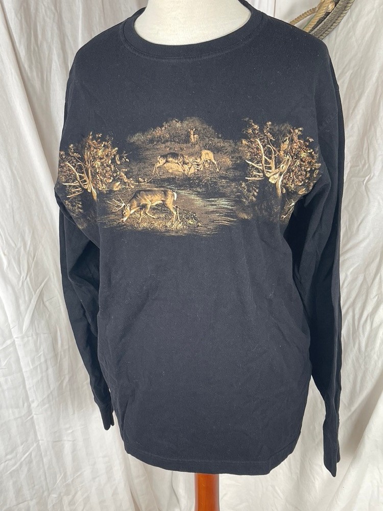North River Mens Shirt Large Deer Rut Black Graphic Cotton Easy Care