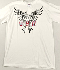 men’s Gildan size medium t-shirt crew neck white short sleeve cotton w/print