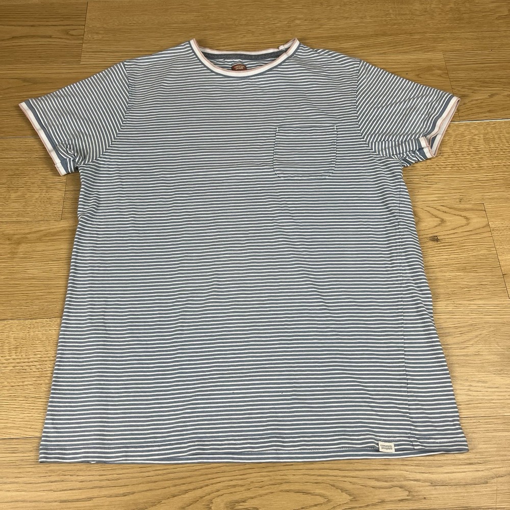 Common People Men’s Blue Pink Striped Pocket Cotton Tee T Shirt M Medium Indi