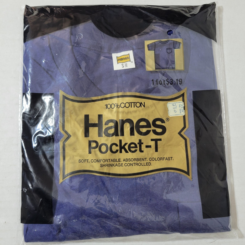 Vintage Hanes Dark Blue 1976 Single Stitch Pocket T-Shirt Men’s S (34-36) Cotton