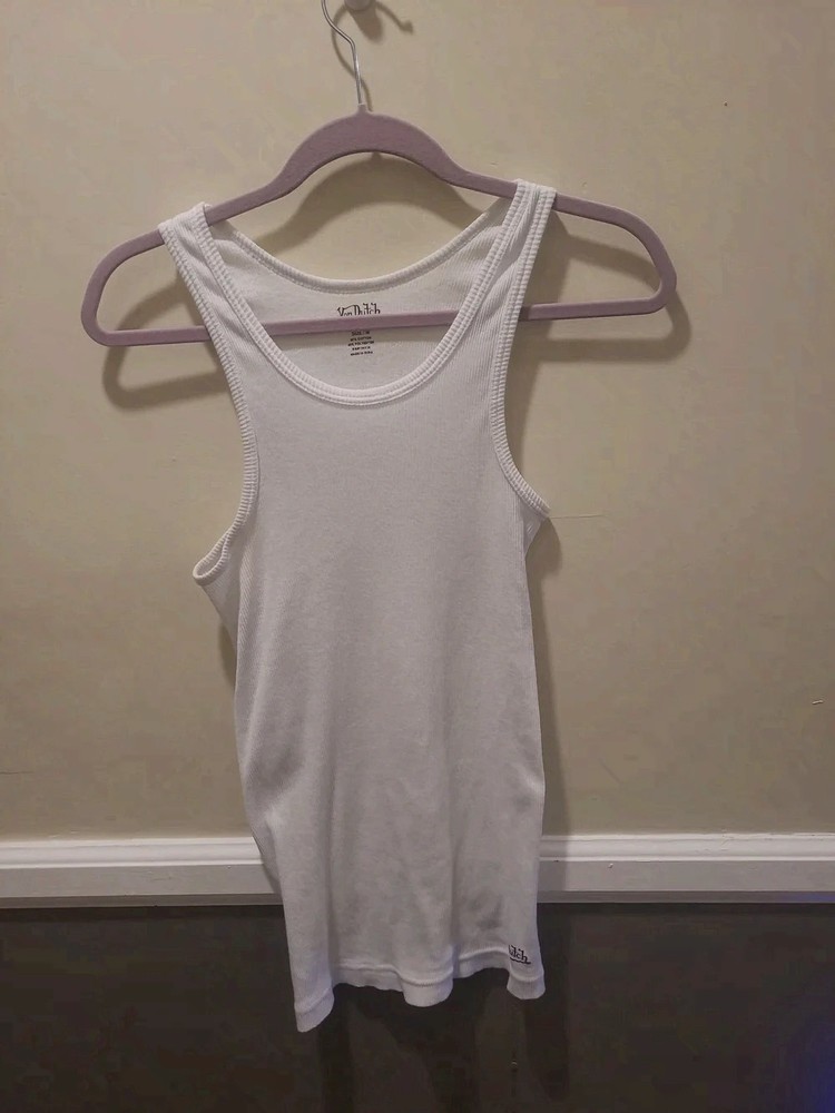 Von Dutch Originals Medium Mens Ribbed White Tank Slim Fit Scoop Neck