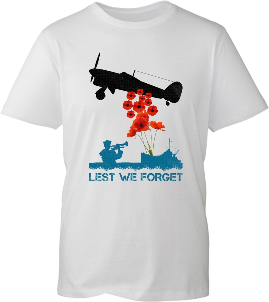 Lest We Forget T-Shirt Remembrance British Armed Forces Poppy Flower Aircraft