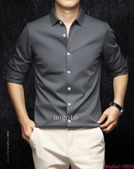 Spring Mens Long Sleeve Shirt Silk Cotton Business Casual Formal Slim Fit Shirts