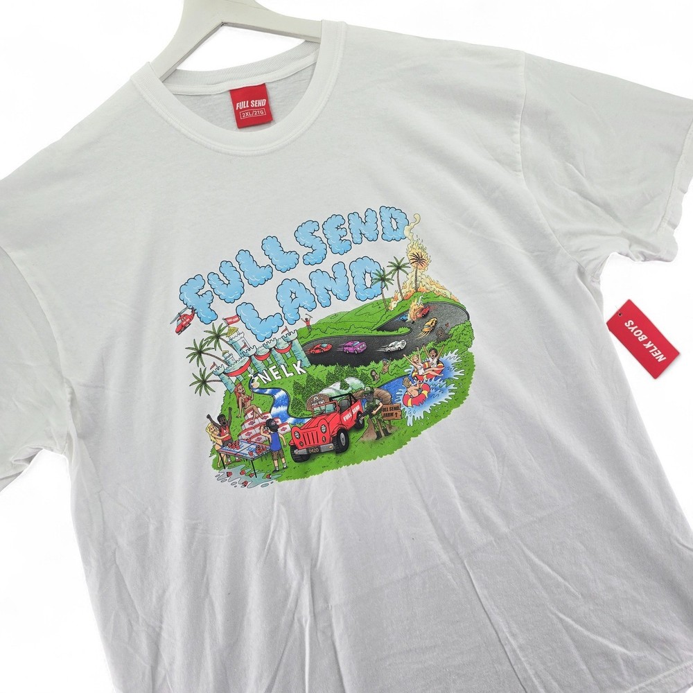 FULL SEND LAND Nelk Boys White Graphic T-Shirt Men’s Size 2XL Crew Neck Tee