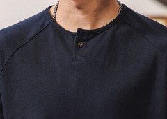 American retro T-shirt men short-sleeved summer Henry collar Navy blue