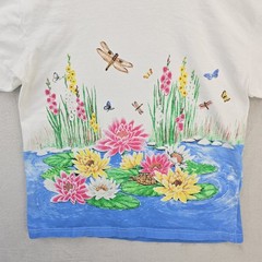 Vintage 90s Lake Nature Flower Dragonfly Wrap Around Shirt Large White Butterfly