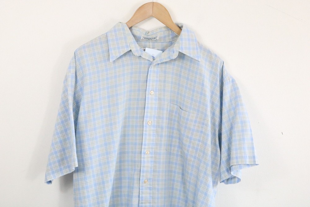 Arrow Button-Up Shirt | Vintage Blue Plaid Short Sleeve | Chest Pocket Collared