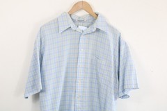 Arrow Button-Up Shirt | Vintage Blue Plaid Short Sleeve | Chest Pocket Collared