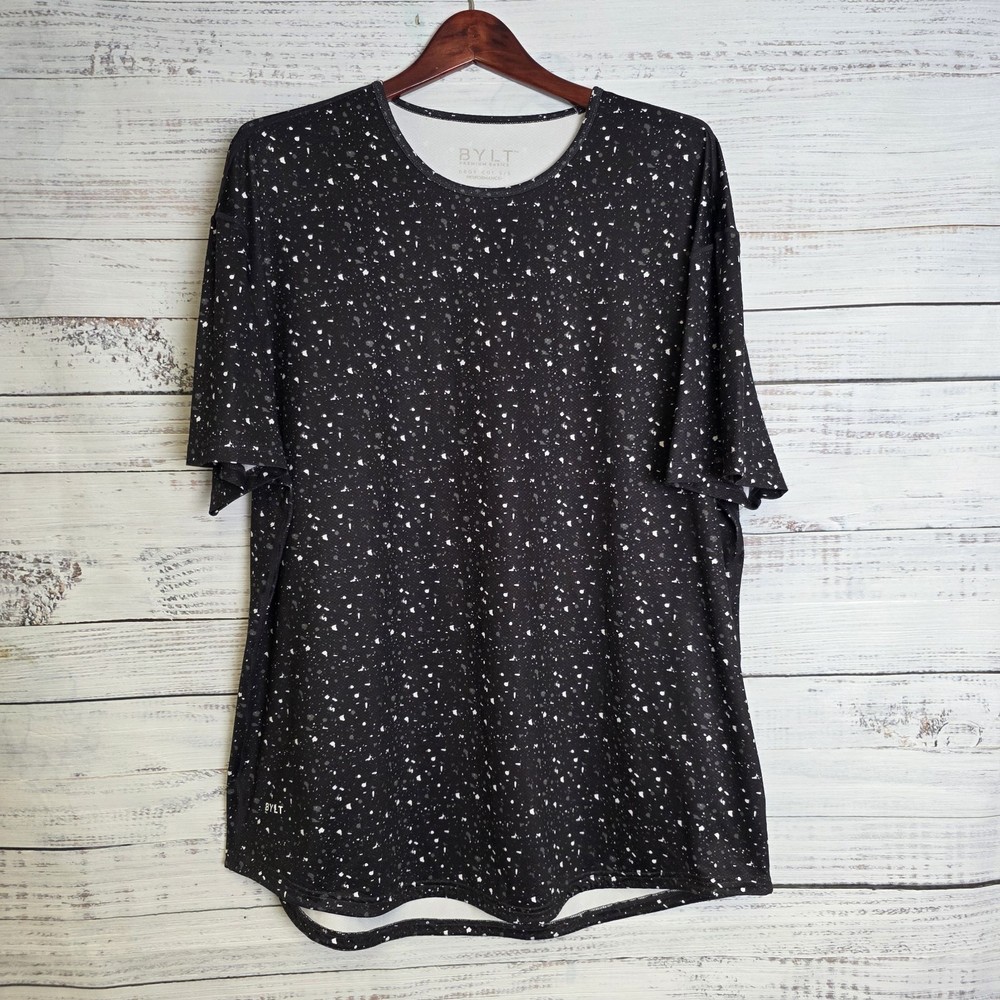 BYLT Shirt Mens XXL Black Whire Dots Drop Cut Performance Tee Athletic Modern