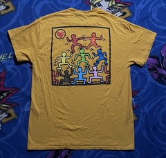 Keith Haring Yellow T-Shirt Heart Dancing Tower Size M Graphic Print Pre-owned