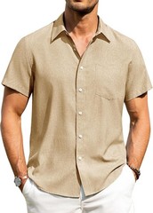 Men’s Linen Shirt Short Sleeve Button Down Wrinkle Free Casual Summer Beach Top