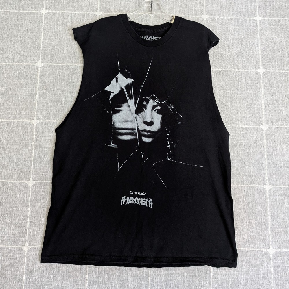Lady Gaga Mayhem Shirt Mens Large Black Shattered Photo Cut Sleeves Distressed
