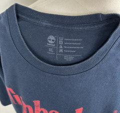 Timberland Spellout Logo T Shirt Mens XL Navy Blue Red Graphic Cotton Tee