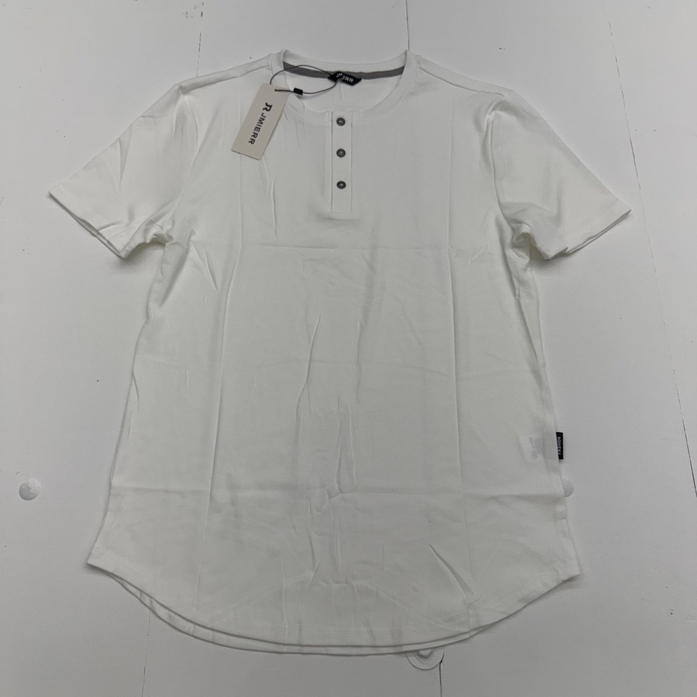 JMIERR Shirt Mens Medium White Henley Tee Ribbed Knit Stretch Curved Hem