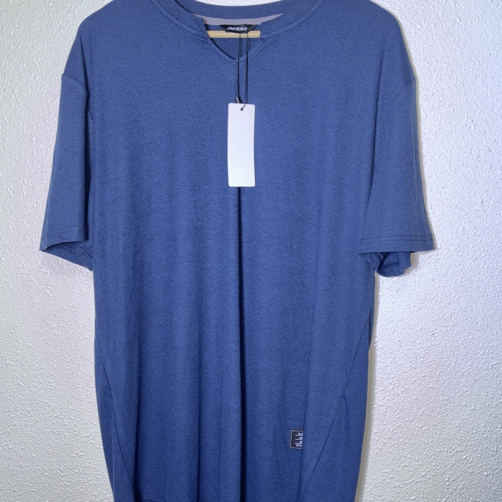 J MIERR Mens V-Neck Short Sleeve Muscle Slim Henley Shirt Blue, Athletic Size XL