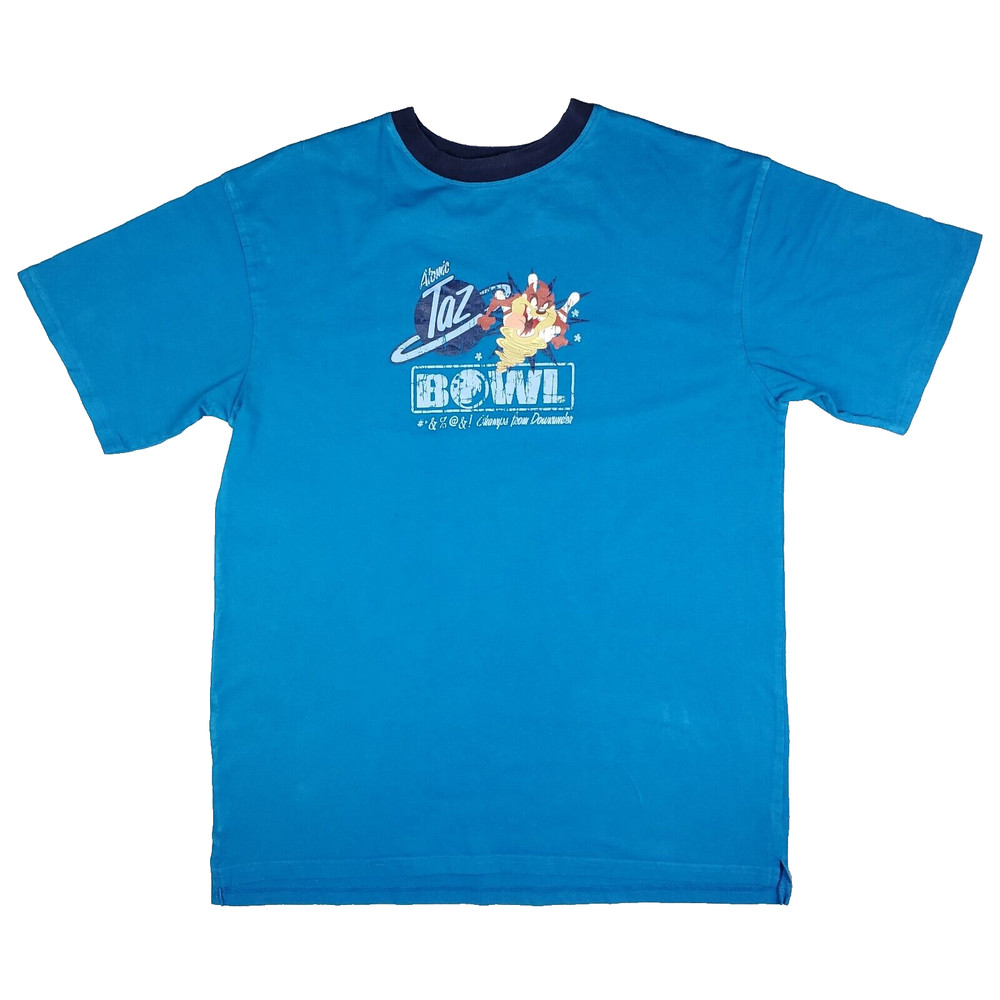 Looney Tunes Atomic Taz Bowl T-Shirt Large Blue Short Sleeve Cartoon Vtg Y2K
