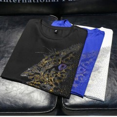 New Men Fashion Leopard Trend Hot Diamonds Rhinestones Summer Luxury T-Shirt