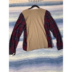 Upcycled Hybrid Flannel Tee Bison Graphic Tan Red Plaid Long Sleeve Mens Medium