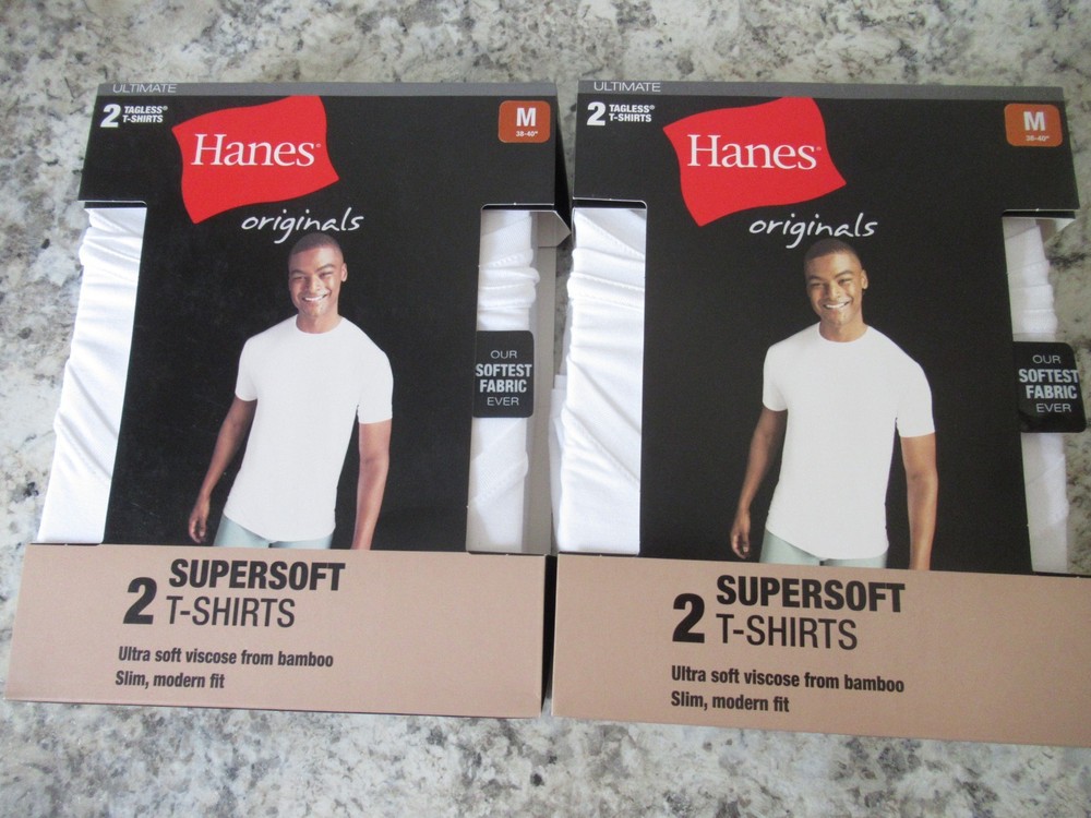 Hanes White T Shirts Size Med. Tagless 4 Total Softest Supersoft Slim Modern Fit