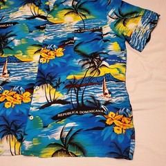 Dominican Caribbean Tropical Button Palm Tree Island Floral Shirt Yellow & Blue