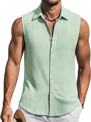 Men’s Summer Sleeveless Knit Tank Top Button Up Casual Beach Vacation Shirt