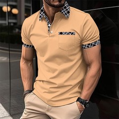 Mens Check Plaid Turn Down Collar T Shirts Tops Golf Pocket Casual Shirts Blouse