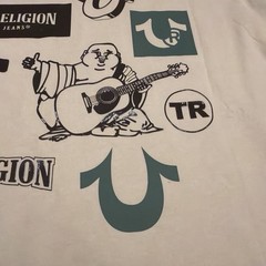 True Religion Brand Jeans T-Shirt XL, Cream, Foil Prints, Cotton