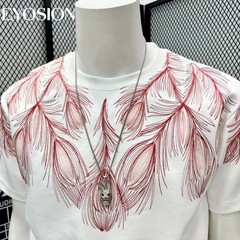 Men Embroidery Peacock Feathers T-Shirt Casual Short Sleeve Crewneck Cotton Tee