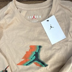 Jordan Men’s S Beige Graphic Print Jumpman Logo Crew Neck Long Sleeve Tee