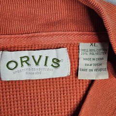 Orvis Shirt Mens XL Orange Henley Waffle Knit Thermal Casual Outdoor Fall