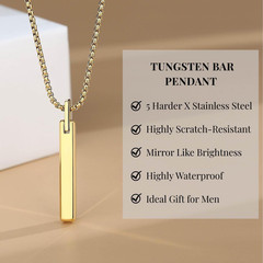 Bar Tungsten Steel Necklace for Men Women, 18K Gold Plated/Silver Color Pendant