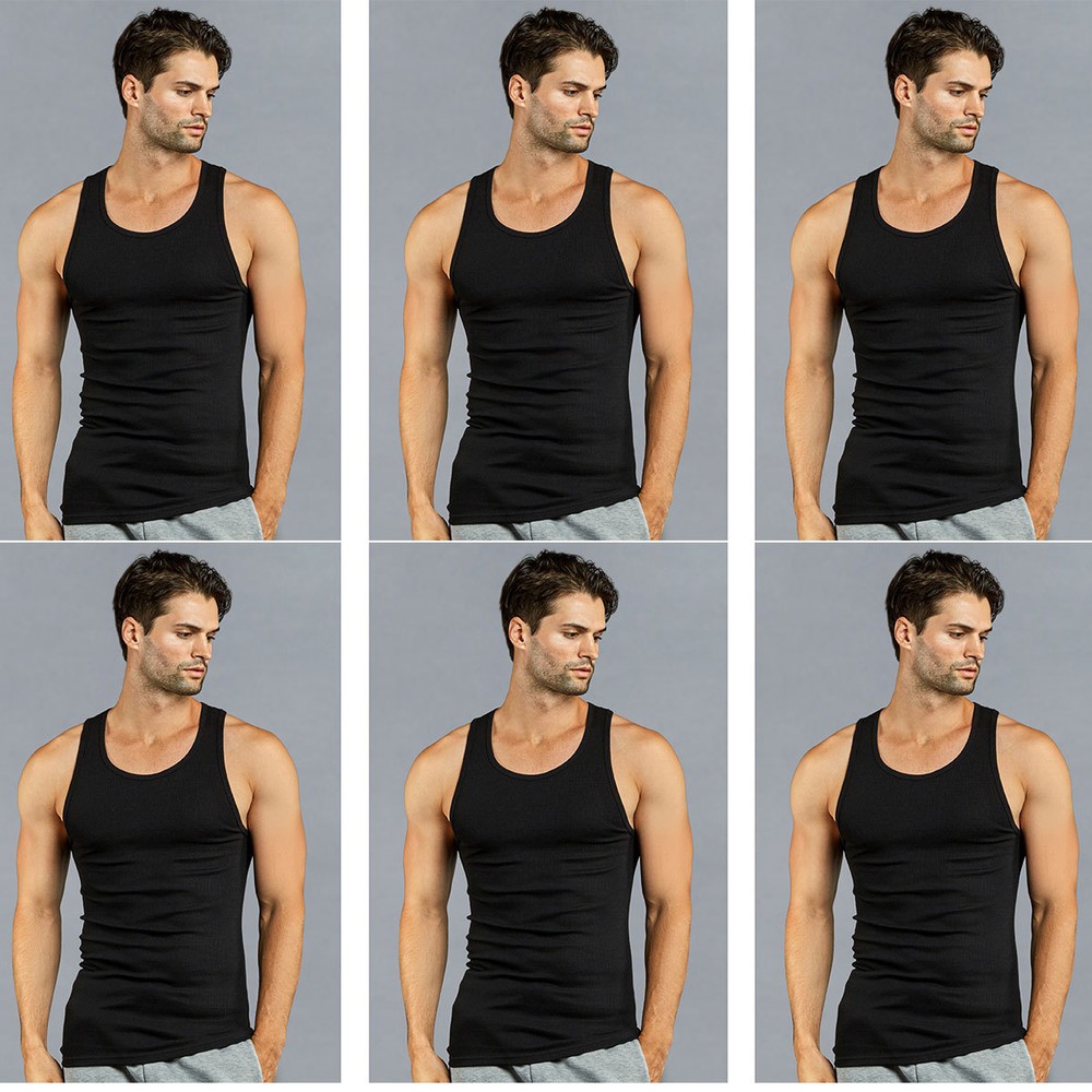 6 PK Mens Black Tank Top 100% Cotton A-Shirt Wife Beater Ribbed Undershirt Pack