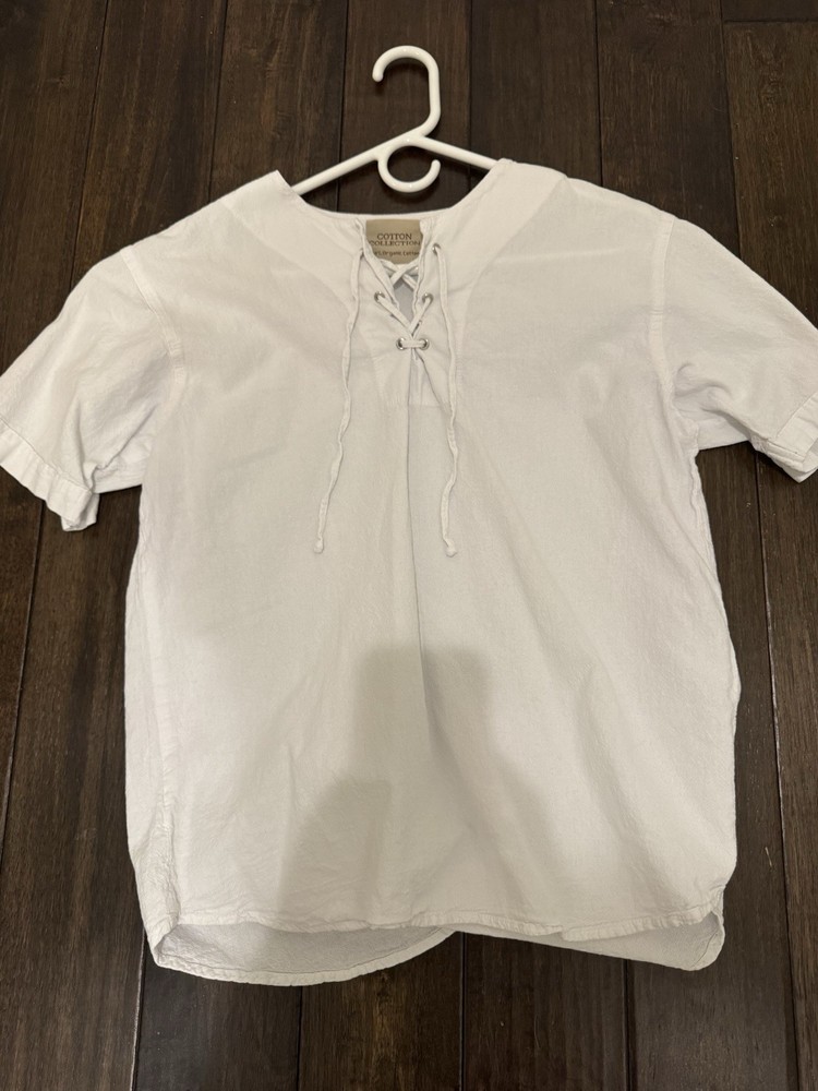 Cotton Collection Men’s White Solid Lace-Up Short Sleeve Woven Cotton T-Shirt S