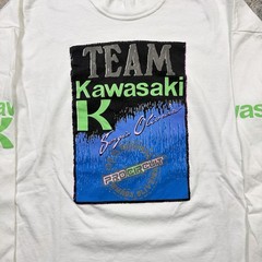 90s Kawasaki Men’s G White Cotton Knit Graphic Logo Crew Neck Long Sleeve TShirt