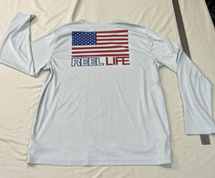 Reel Life Fishing Shirt Mens Large Blue Patriotic USA Flag Long Sleeve EUC