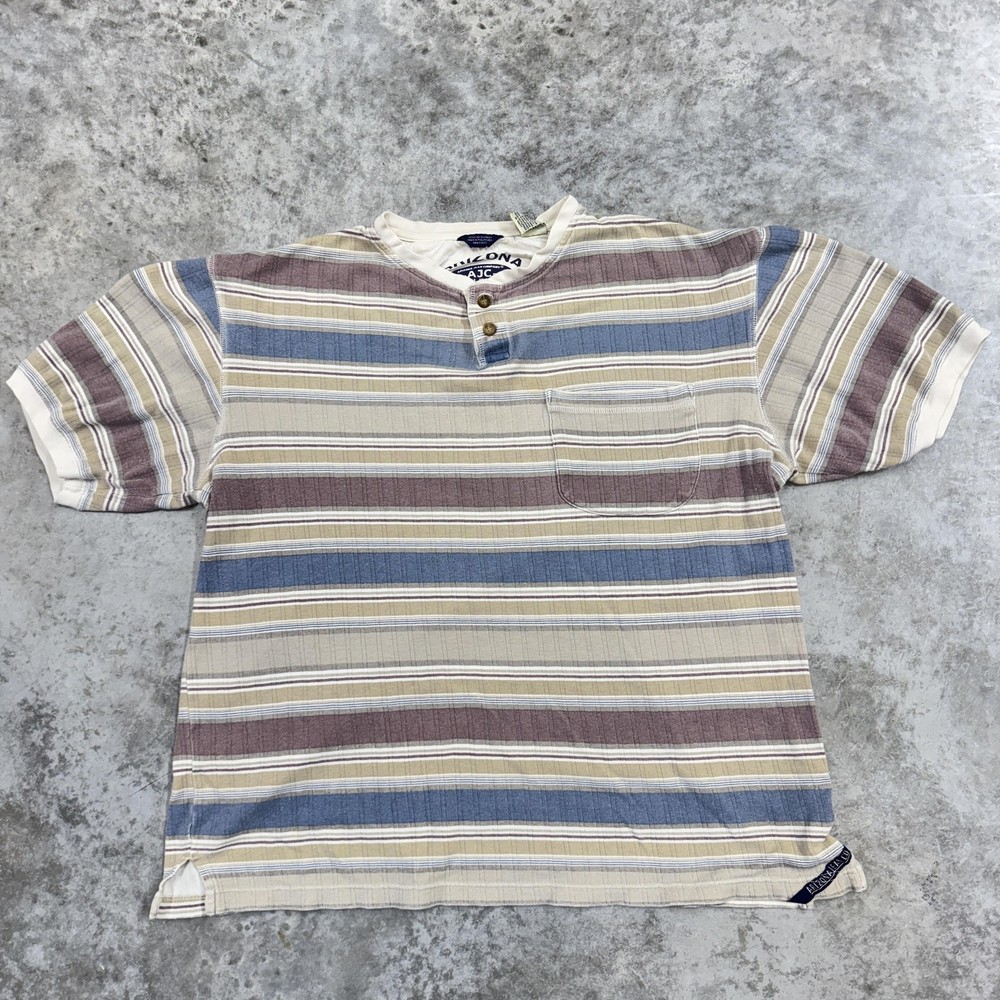 Arizona Jean Co Shirt Mens Small Tan Blue Striped Henley Pocket knit preppy