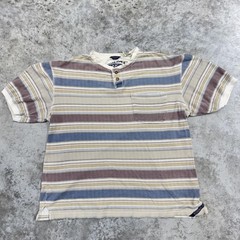 Arizona Jean Co Shirt Mens Small Tan Blue Striped Henley Pocket knit preppy