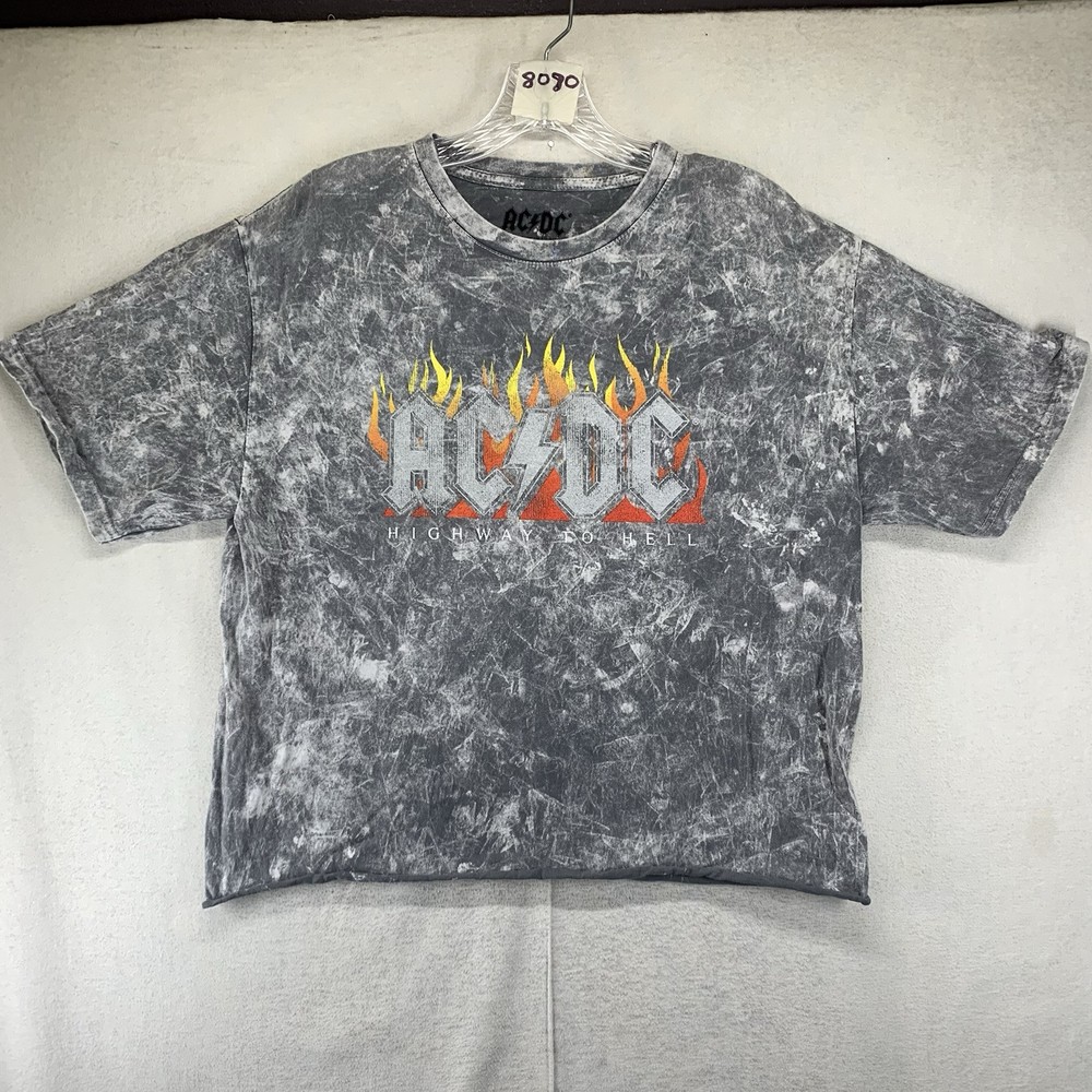 AC/DC Summer Crop Top Highway To Hell Tie Die Gray Shirt Medium Rock N Roll Tour