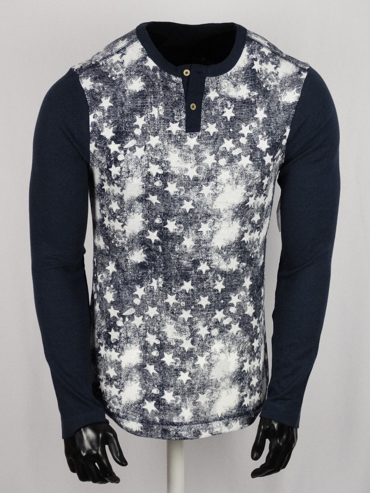 Mens Thremal Henley Navy Blue Faded White Stars Long Sleeve Shirt Slim Fit