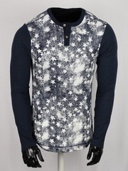 Mens Thremal Henley Navy Blue Faded White Stars Long Sleeve Shirt Slim Fit